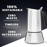 Bialetti Coffee Maker in stainless steel, designed for sustainable brewing with a timeless Italian appeal