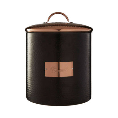 Orsina Black Hammered Metal Bread Bin with Copper Lid and Decorative Bread Label