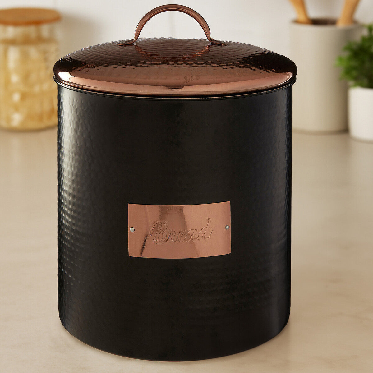 Orsina Black Bread Bin with Copper Lid and Engraved Bread Plaque for Kitchen Storage