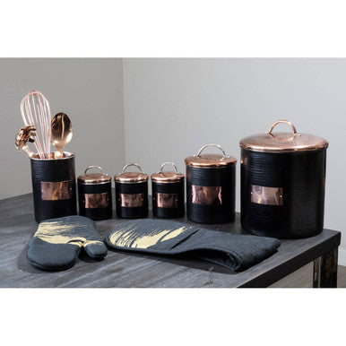 Orsina stylish black bread bin with copper accents, perfect for keeping bread fresh and organised