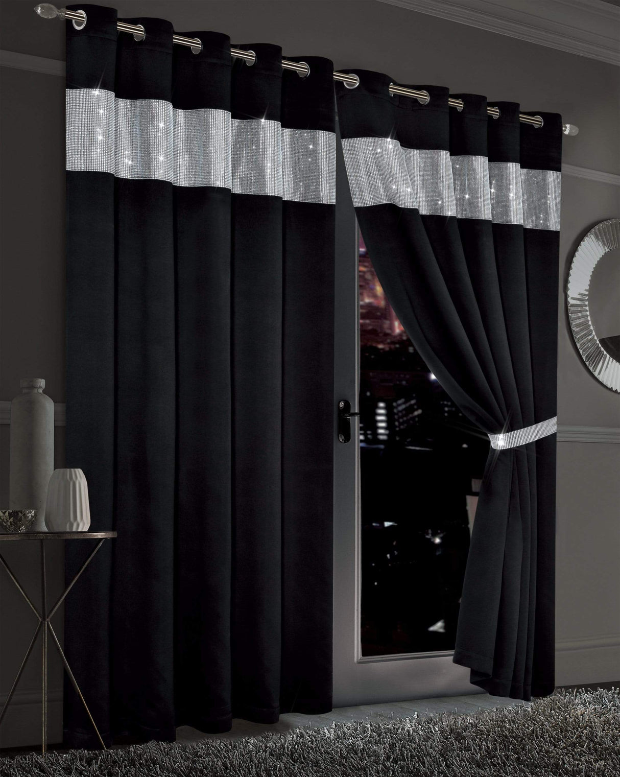 OLIVIA ROCCO Blackout Curtains in Black with Shimmering Silver Stripes for Elegant Home Decor