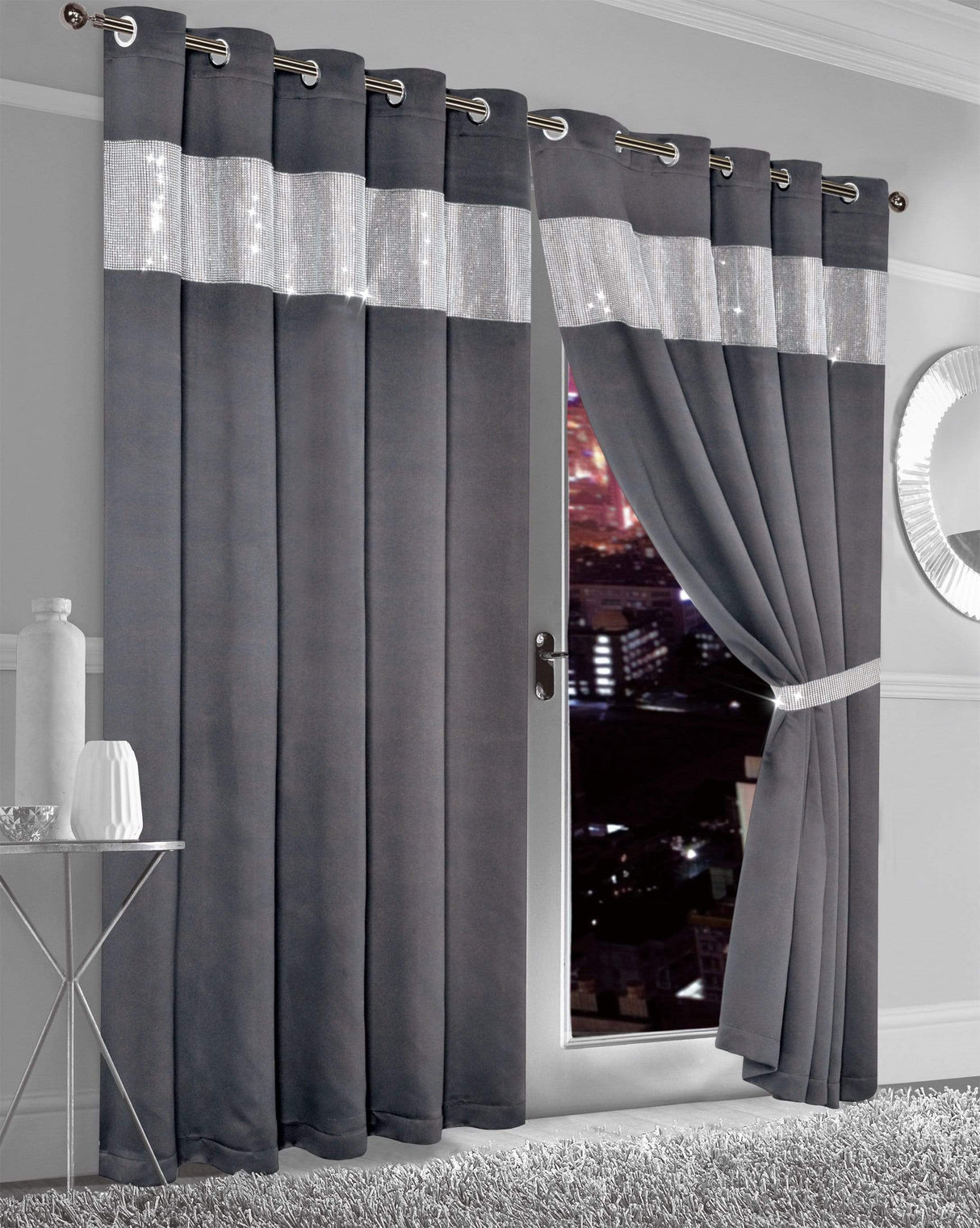 Olivia Rocco Grey Blackout Curtains with Shimmering Panel for Light Blocking and Privacy