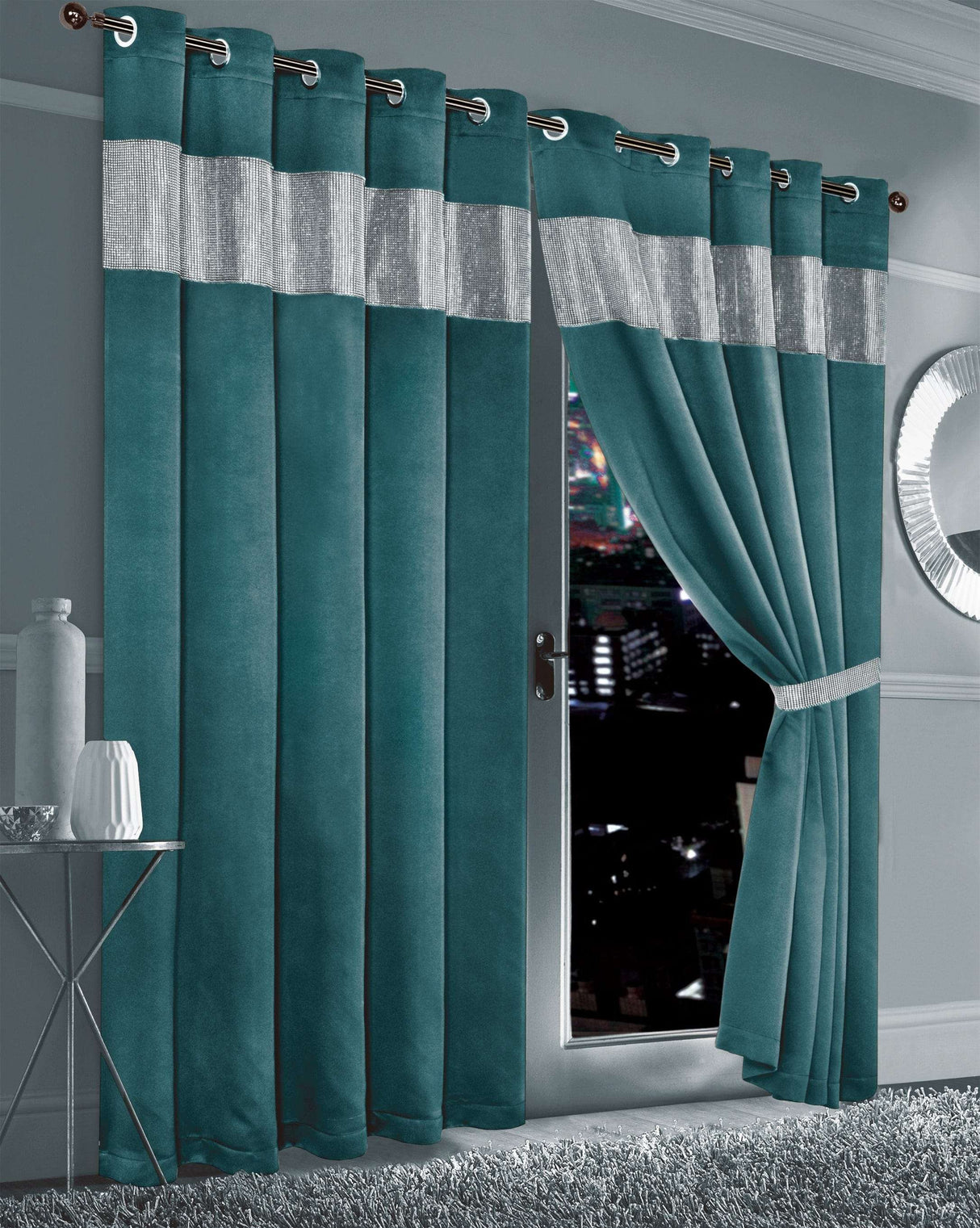 Teal OLIVIA ROCCO Blackout Curtains with Decorative Silver Stripe for Elegant Windows