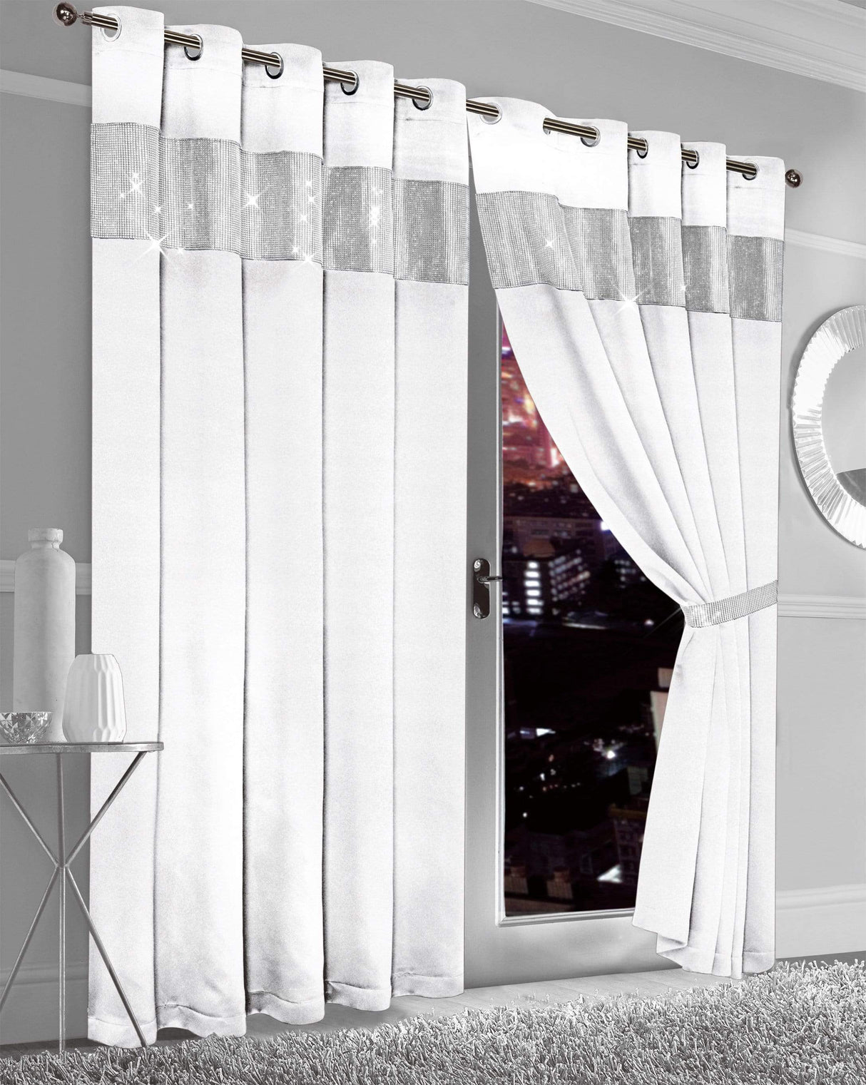 OLIVIA ROCCO White Blackout Curtains with Silver Glitter Detail for Light Blocking and Privacy