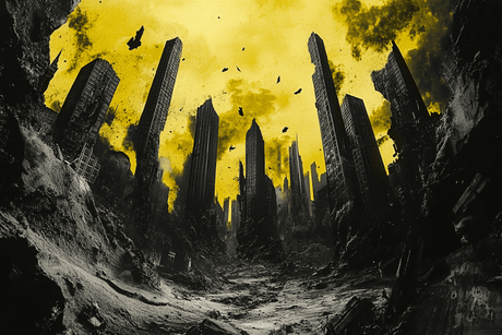 HOME ART HAVEN blanket featuring a striking apocalyptic cityscape design in bold yellow and black tones