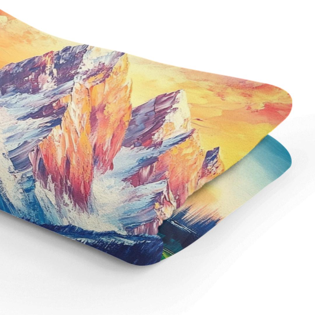 Colourful HOME ART HAVEN blanket featuring a vibrant mountain design for cosy comfort