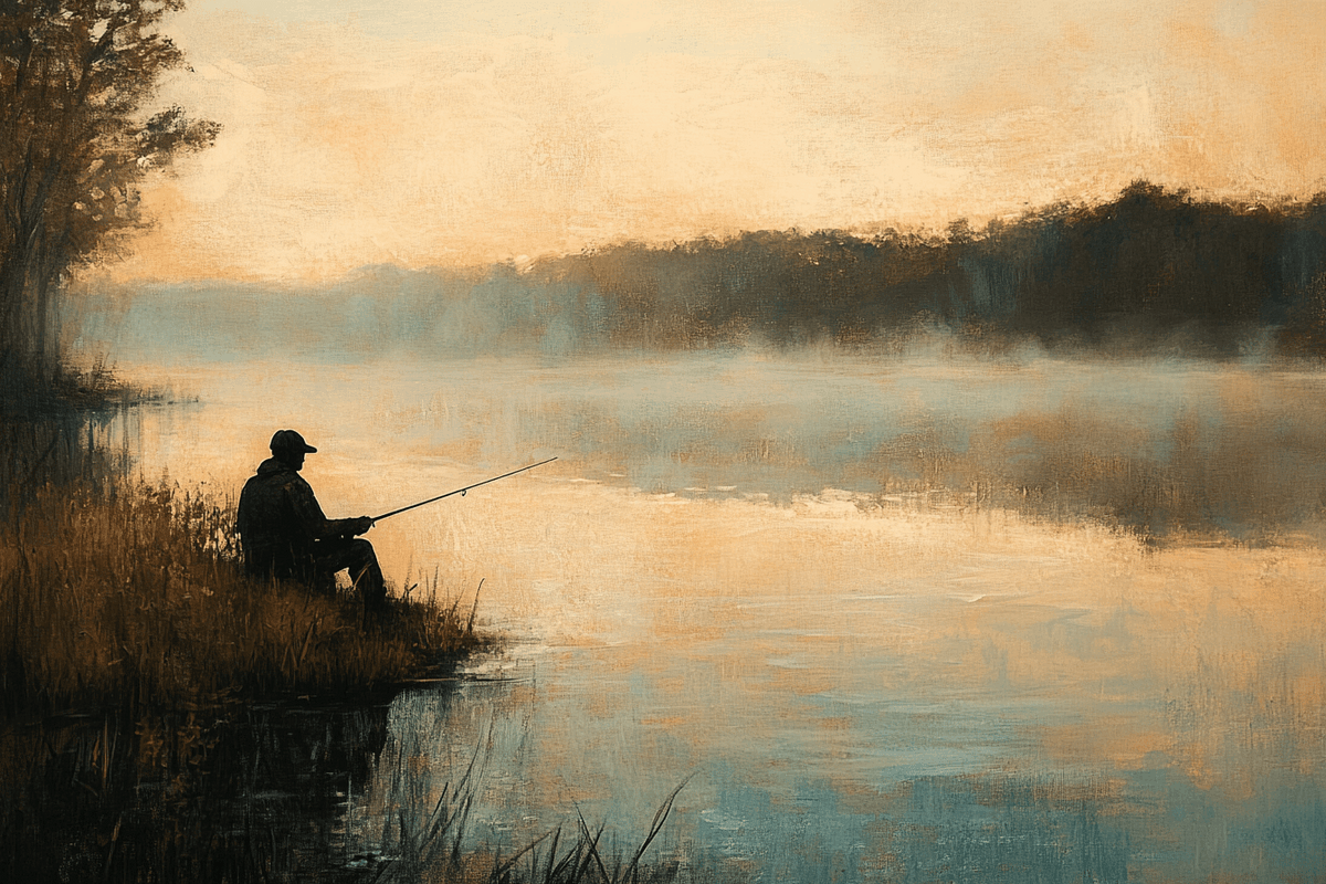 HOME ART HAVEN Throw Blanket featuring a serene fishing scene by a misty river