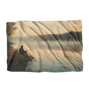 HOME ART HAVEN Throw Blanket featuring a serene fishing scene by a lake at sunrise