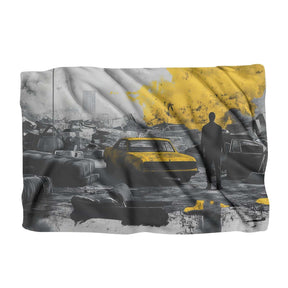 HOME ART HAVEN blanket featuring a striking urban landscape in grey and yellow with a silhouetted figure