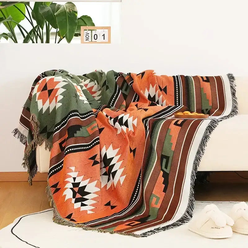 Nisu Home Aztec Pattern Throw Blanket in Orange and Green with Fringed Edges for Cozy Comfort