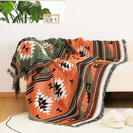 Nisu Home Aztec Pattern Throw Blanket in Orange and Green with Fringed Edges for Cozy Comfort