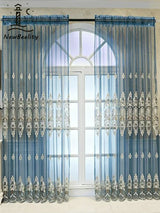 Elegant Voile Tulle Curtain - Translucent Shading for Home or Office Embroidery Blue N/A