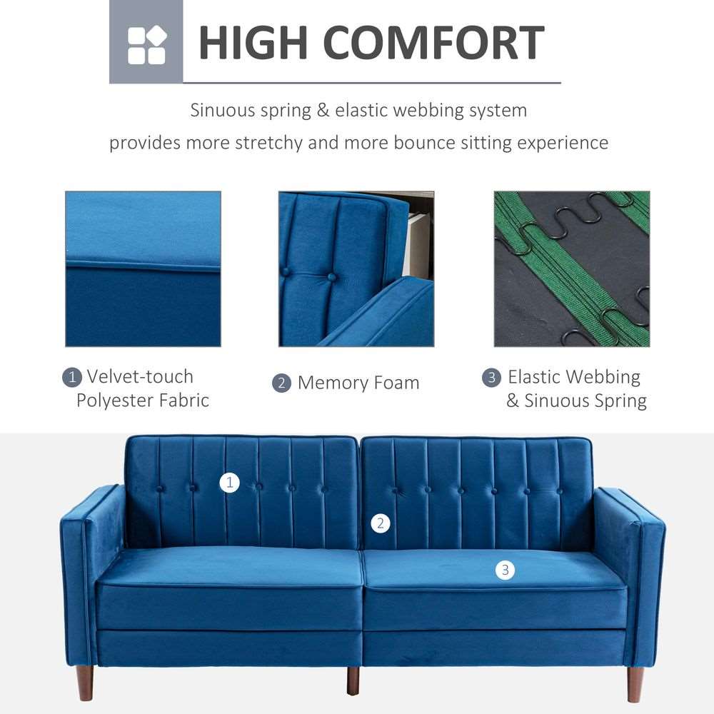 HOMCOM Convertible Sofa Futon Velvet-Touch Tufted Couch Sofa Bed Split Back Blue HOMCOM