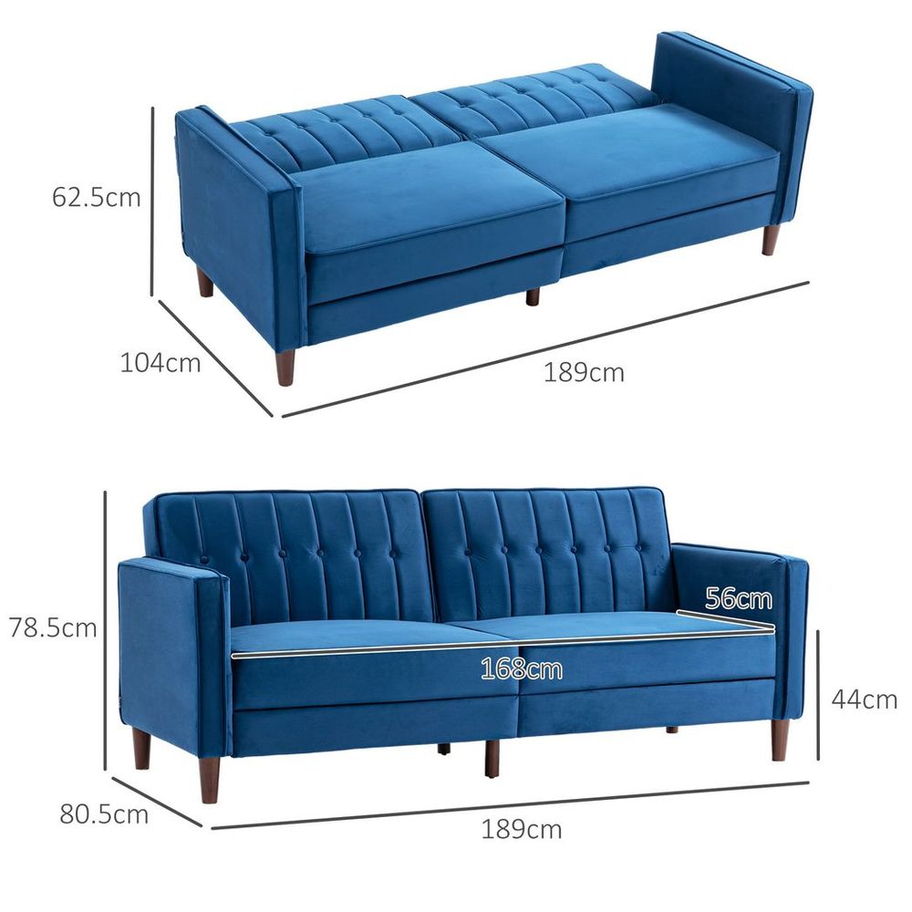 HOMCOM Convertible Sofa Futon Velvet-Touch Tufted Couch Sofa Bed Split Back Blue HOMCOM