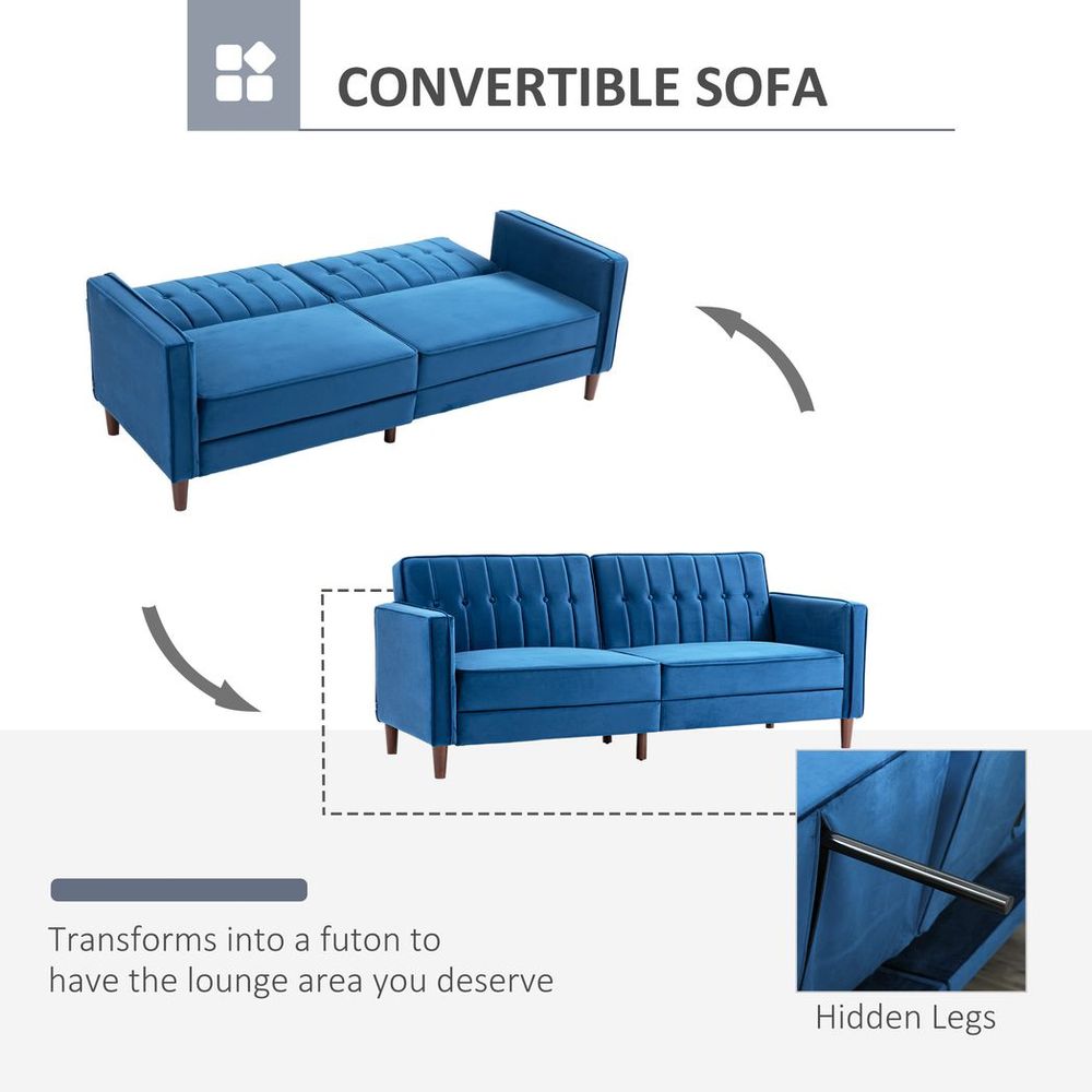 HOMCOM Convertible Sofa Futon Velvet-Touch Tufted Couch Sofa Bed Split Back Blue HOMCOM