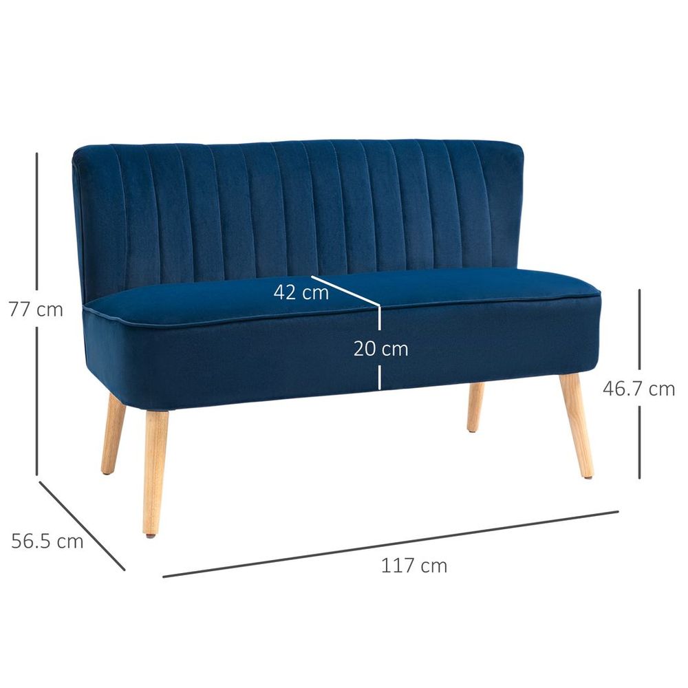 HOMCOM Blue Velvet Double Sofa with Wooden Legs HOMCOM