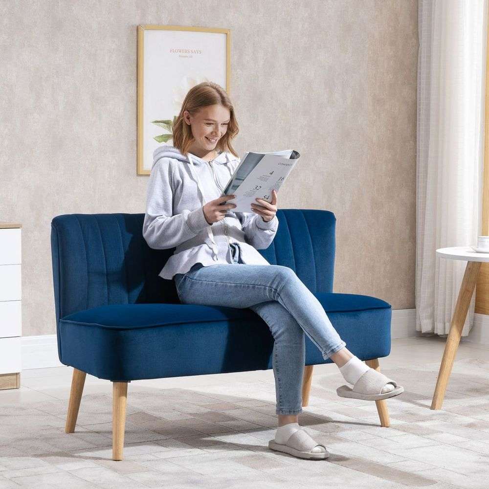 HOMCOM Blue Velvet Double Sofa with Wooden Legs HOMCOM