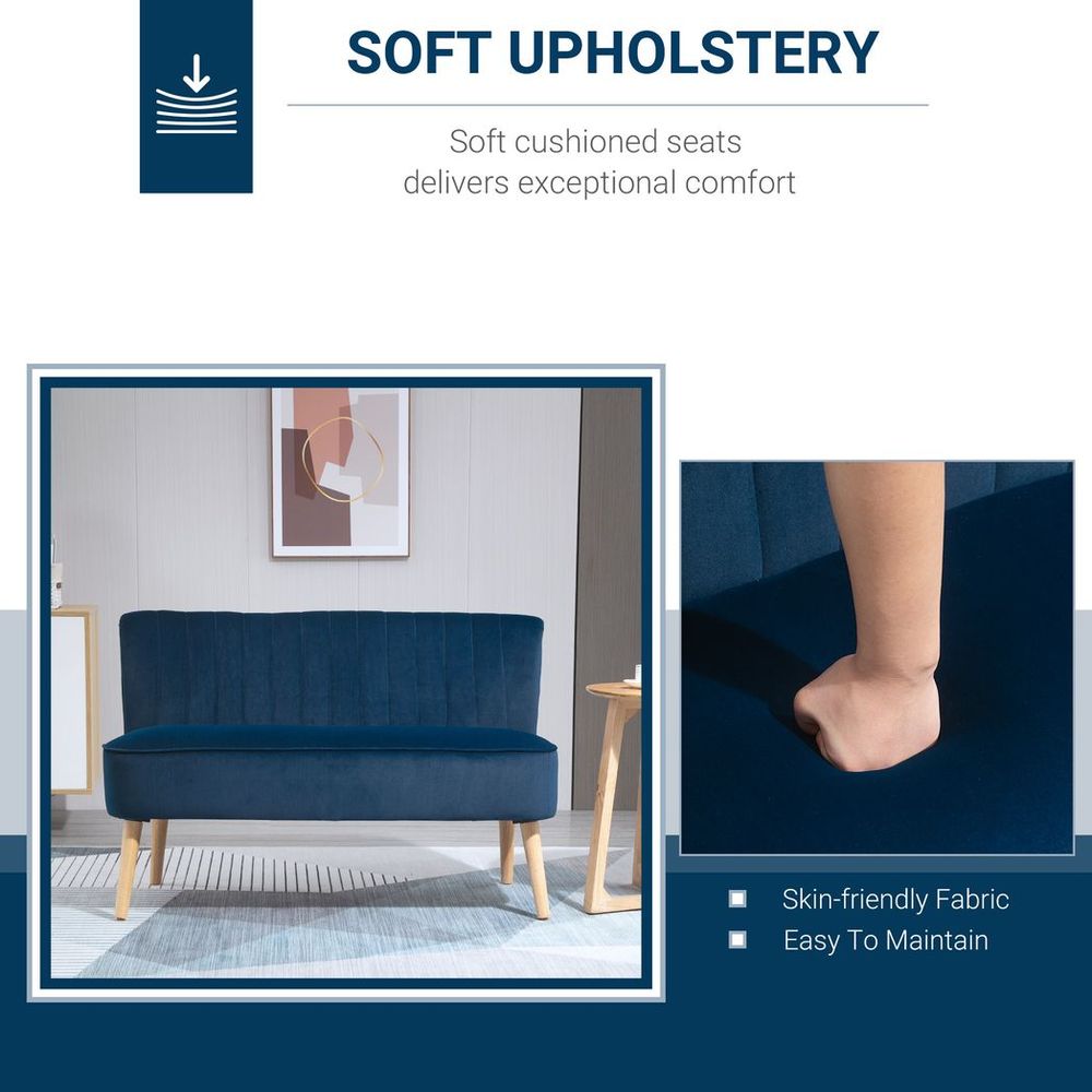 HOMCOM Blue Velvet Double Sofa with Wooden Legs HOMCOM