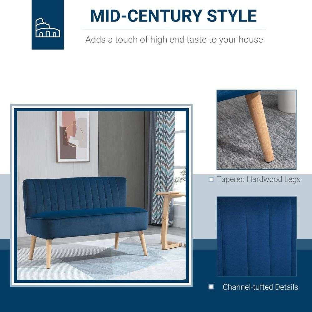 HOMCOM Blue Velvet Double Sofa with Wooden Legs HOMCOM