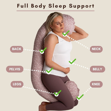BellaMoon Body Pillow providing full body sleep support for back, neck, pelvis, belly, and legs