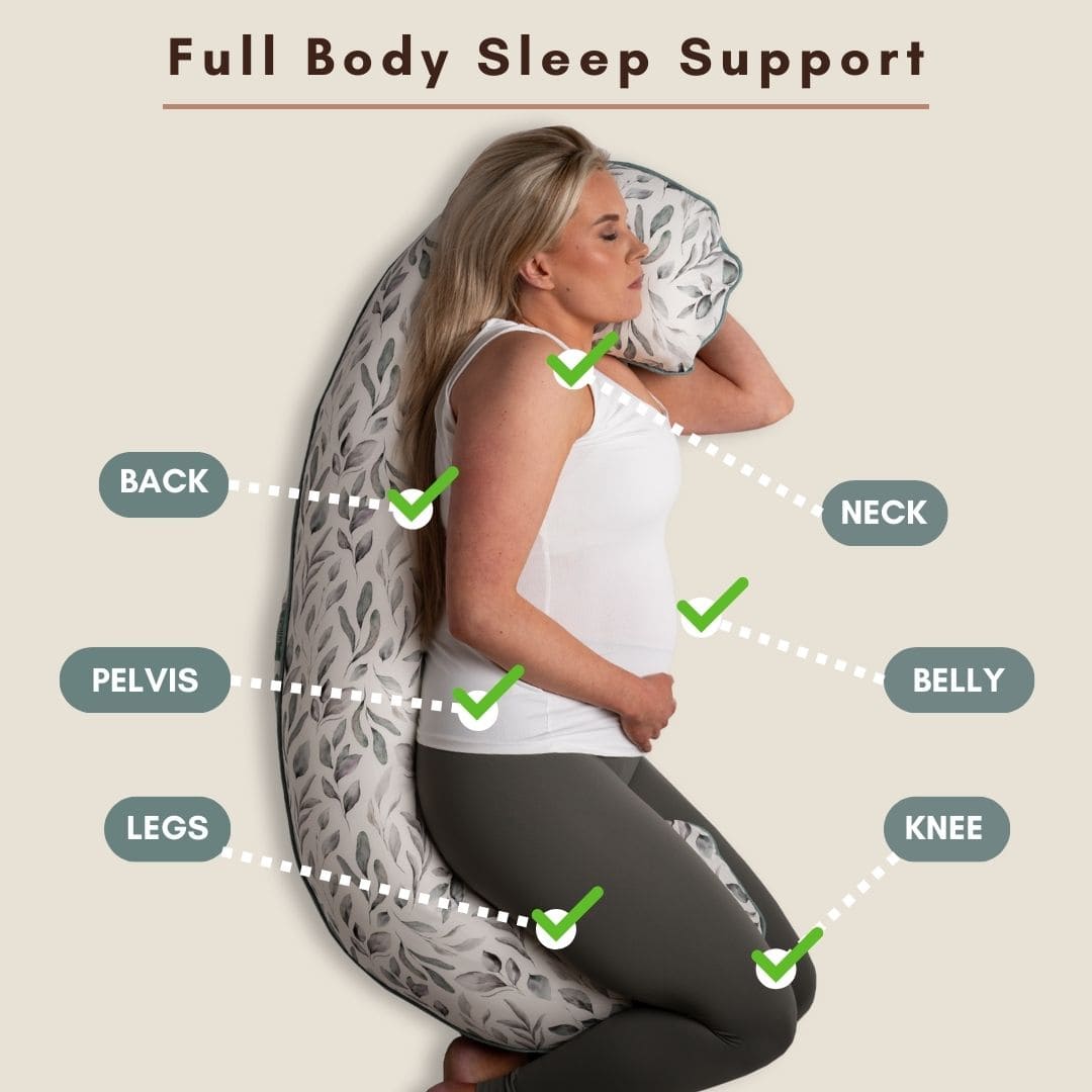BellaMoon Body Pillow providing full body sleep support for back, neck, pelvis, belly, and legs