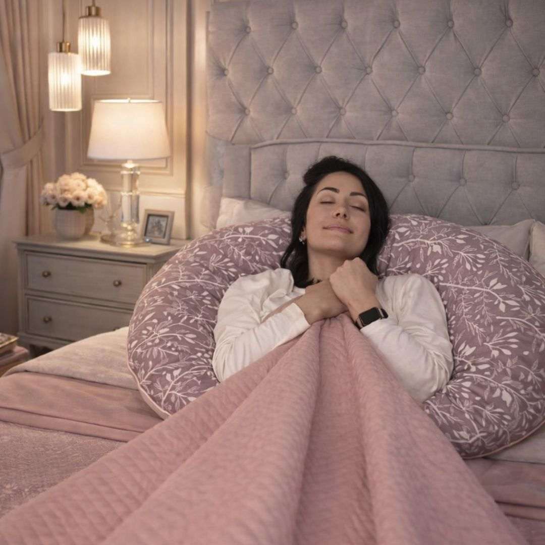 BellaMoon Body Pillow in a bedroom setting with a woman relaxing comfortably under a pink blanket