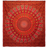 Double Cotton Bedspread and Wall Hanging - Peacock Mandala - Red AW-Dropship