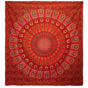 Double Cotton Bedspread and Wall Hanging - Peacock Mandala - Red AW-Dropship