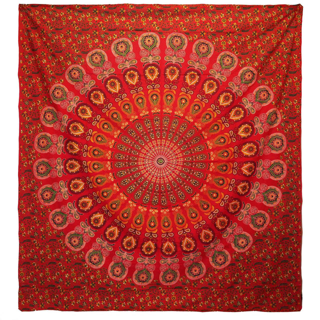 Double Cotton Bedspread and Wall Hanging - Peacock Mandala - Red AW-Dropship