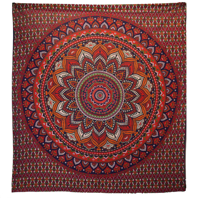 Double Cotton Bedspread and Wall Hanging - Classic Mandala - Orange and Blue AW-Dropship