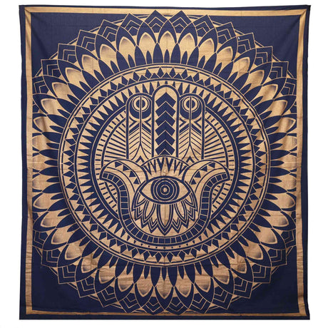 Double Cotton Bedspread and Wall Hanging - Hamsa - Blue Gold AW-Dropship