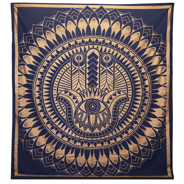 Double Cotton Bedspread and Wall Hanging - Hamsa - Blue Gold AW-Dropship
