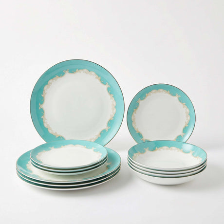 KitchBoom Bone China Dinner Set with Elegant Turquoise Border and Decorative Design