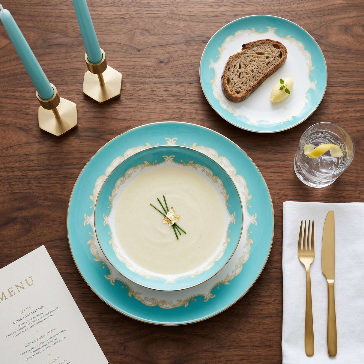 KitchBoom Bone China Dinner Set with Elegant Turquoise Design and Gold Accents on a Wooden Table