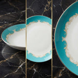 Elegant KitchBoom Bone China Dinner Set featuring turquoise and gold detailing on fine porcelain