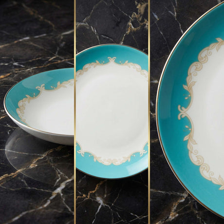 Elegant KitchBoom Bone China Dinner Set featuring turquoise and gold detailing on fine porcelain