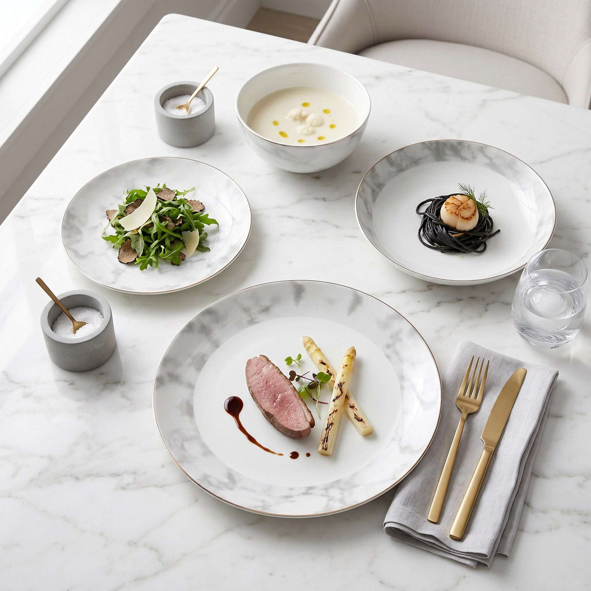 Elegant Bone China Dinner Set by KitchBoom featuring stylish plates and bowls on a marble table