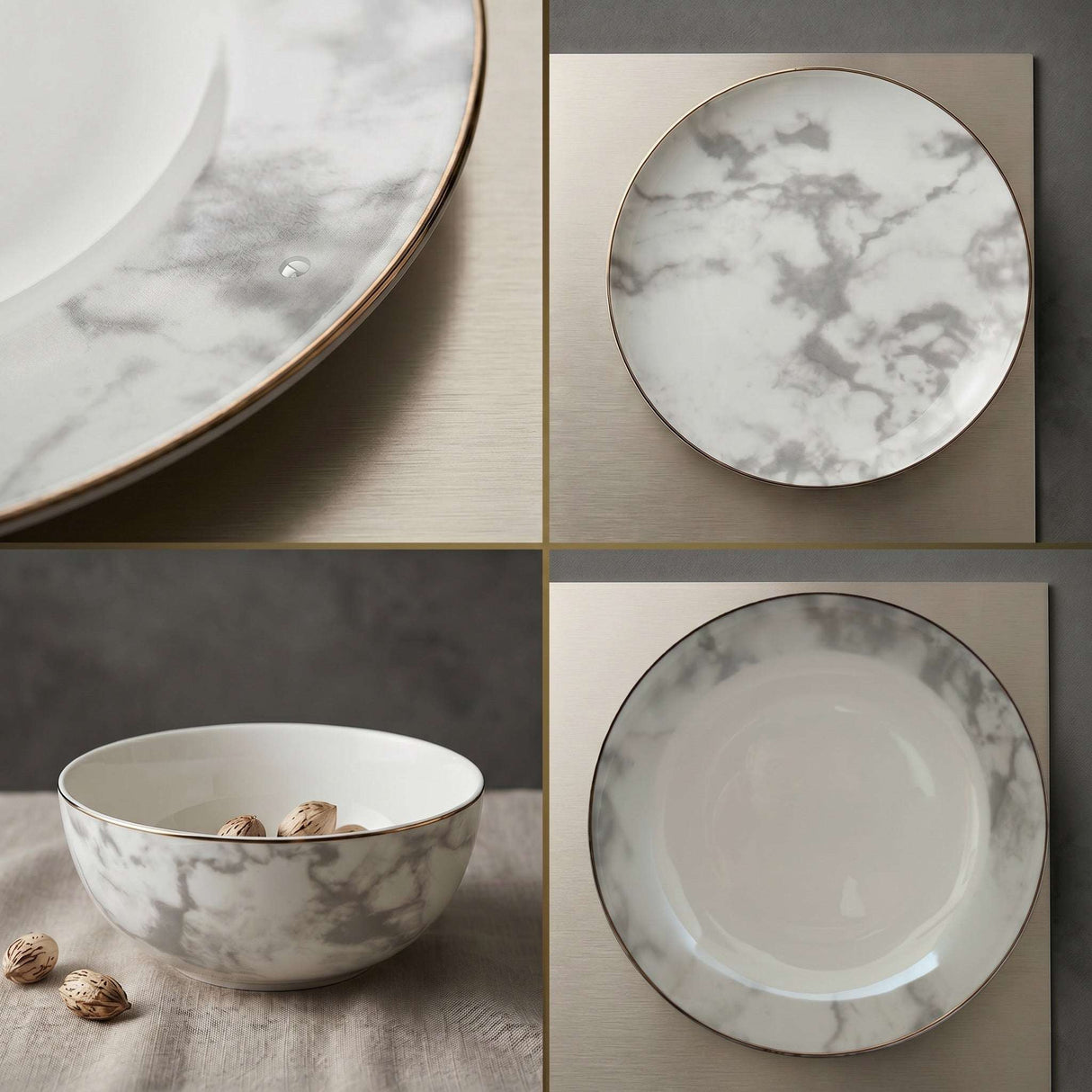 KitchBoom Bone China Dinner Set featuring elegant marble design with gold trim for stylish dining
