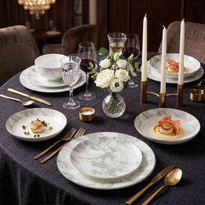 KitchBoom Bone China Dinner Set elegantly arranged on a stylish dining table with gourmet dishes