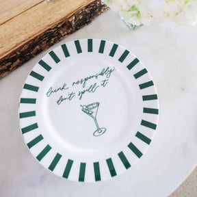 Avalon Home UK Bone China Plate with Green Stripes and Cocktail Illustration, featuring a fun drinking message