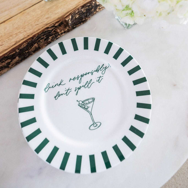 Avalon Home UK Bone China Plate with Green Stripes and Cocktail Illustration, featuring a fun drinking message