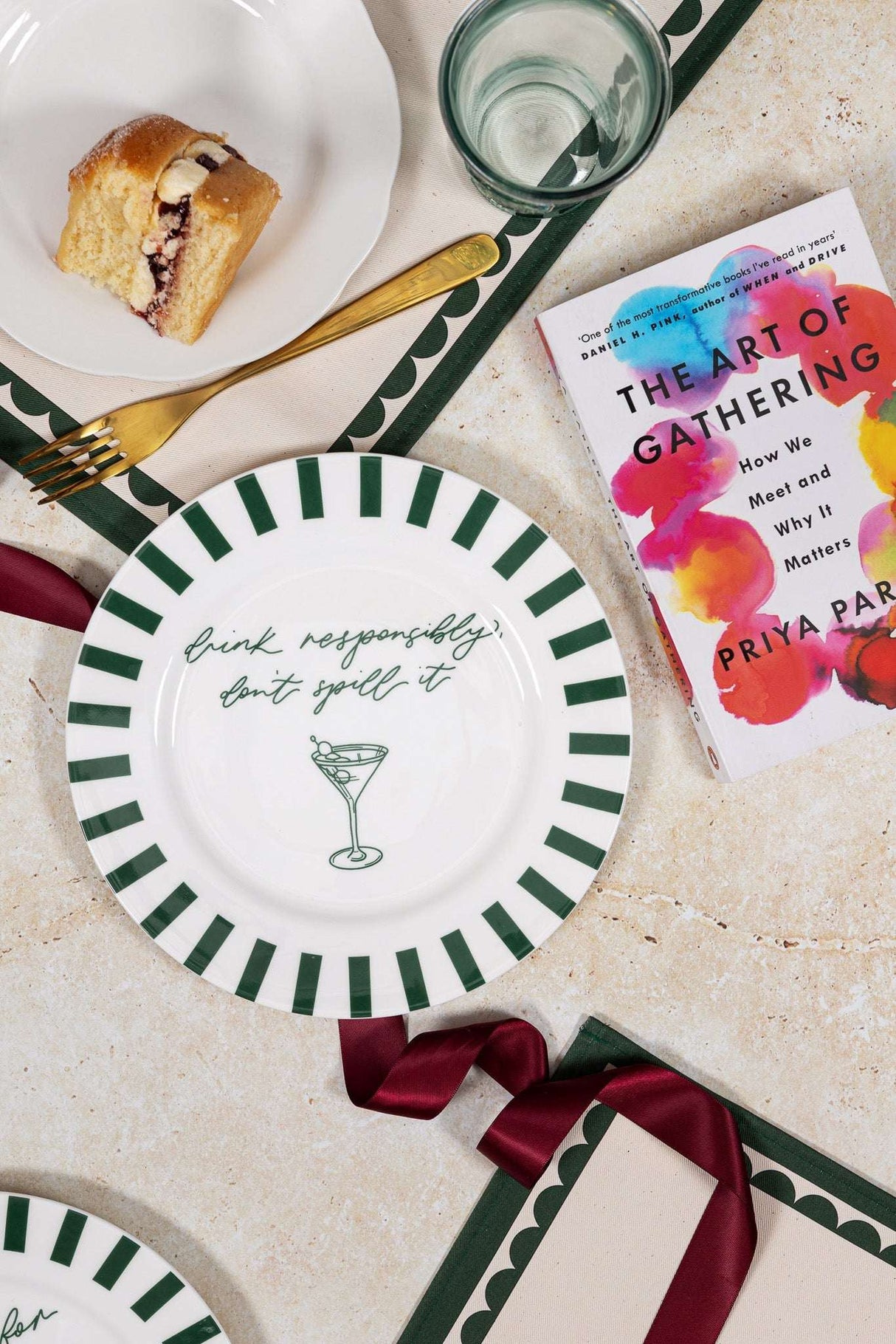 Bone China Plate with green stripes and a cocktail glass design, perfect for elegant dining occasions