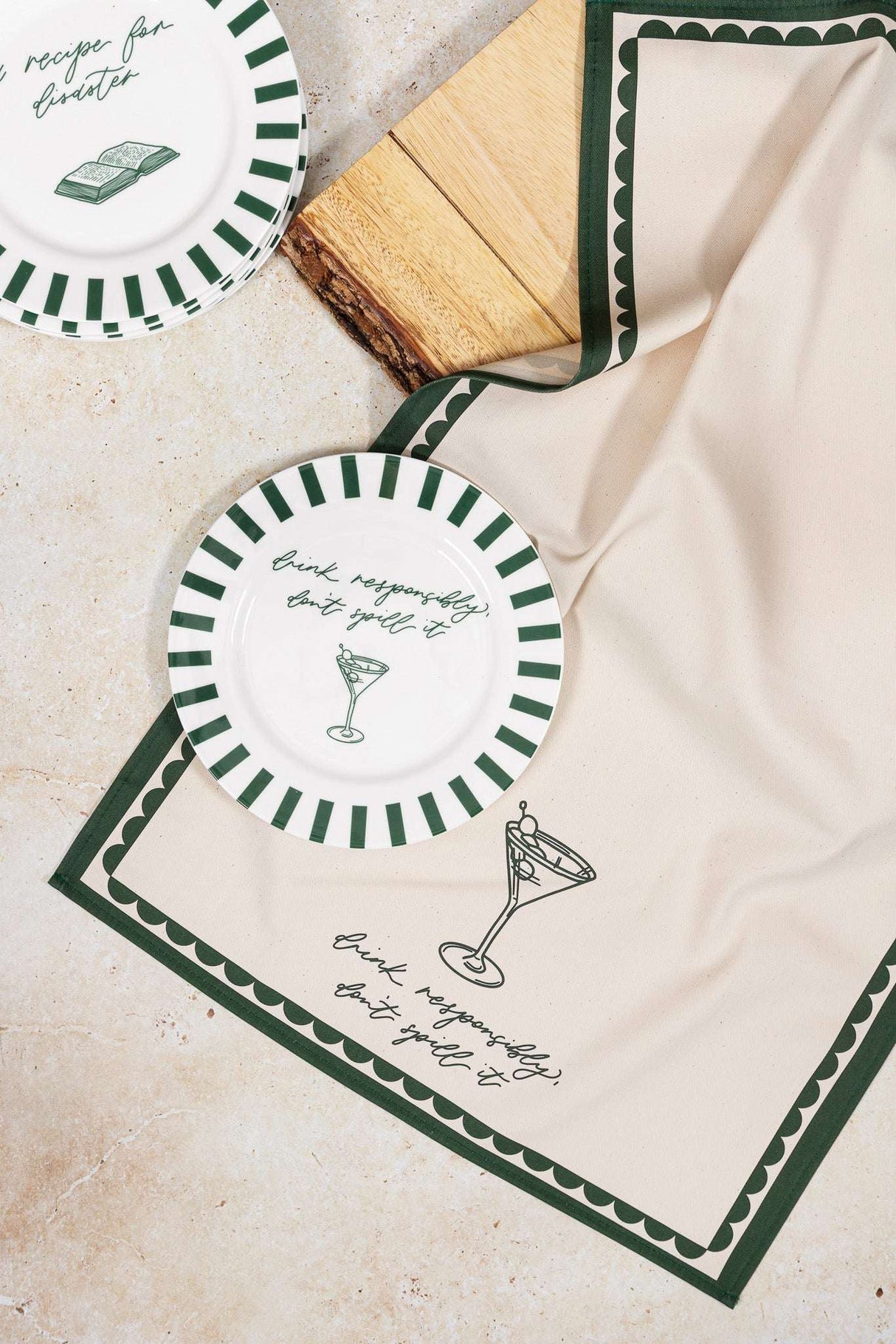 Avalon Home UK Bone China Plate with Green Rim and Elegant Design on a Beige Tablecloth