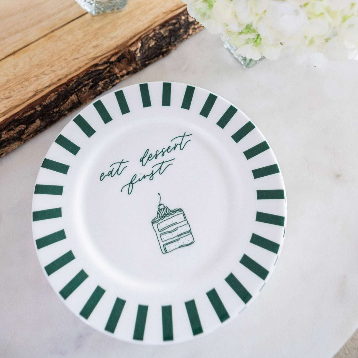 Avalon Home UK Bone China Plate with green stripes and 'eat dessert first' design