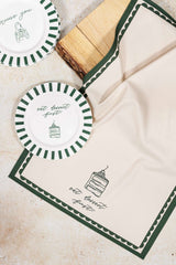 Two Avalon Home UK Bone China Plates with Green Stripes and Dessert Illustration on a Table Setting