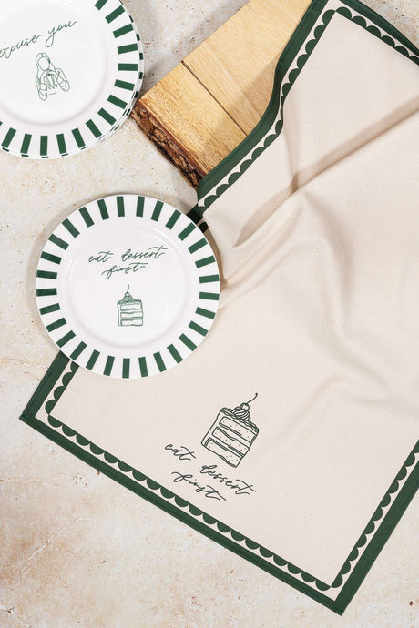 Two Avalon Home UK Bone China Plates with Green Stripes and Dessert Illustration on a Table Setting
