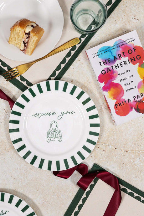 Stylish Bone China Plate with Green Stripes featuring the phrase excuse you, perfect for elegant dining