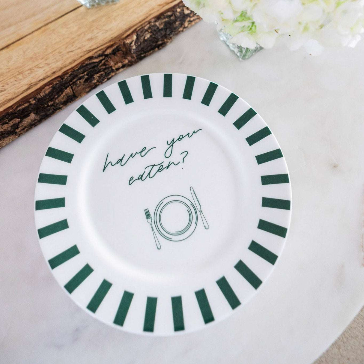 Avalon Home UK Bone China Plate with Green Striped Design and Have You Eaten?