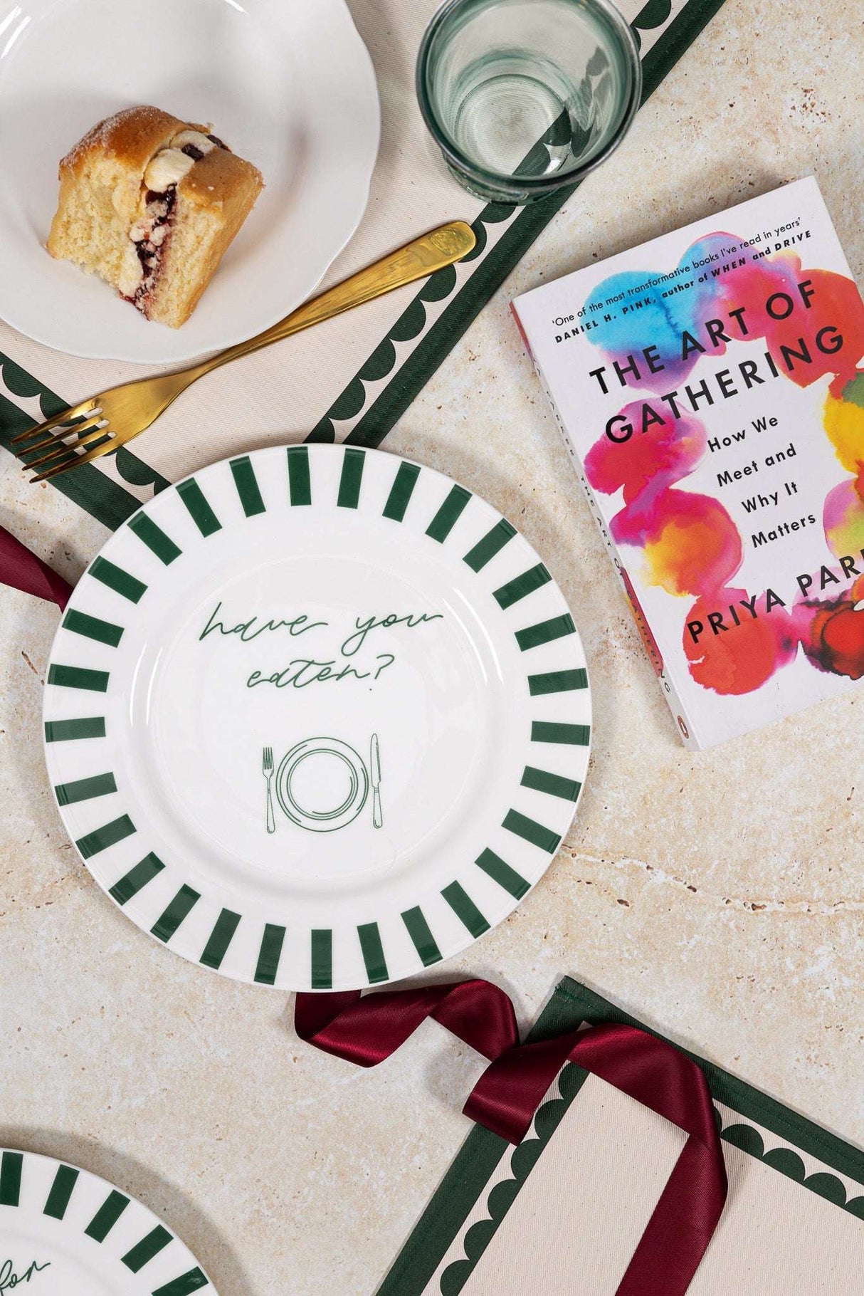 Elegant Avalon Home UK Bone China Plate with Green Stripes and Calligraphy for Stylish Dining