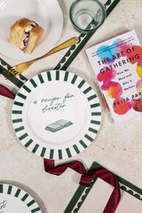 Avalon Home UK Bone China Plate with green stripes and recipe book illustration for elegant dining
